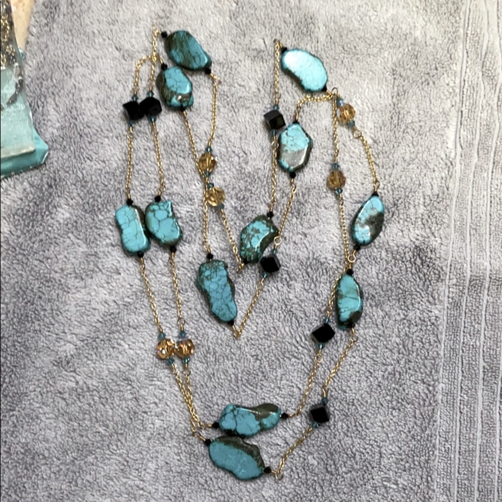 30 inch handmade turquoise and gold necklace